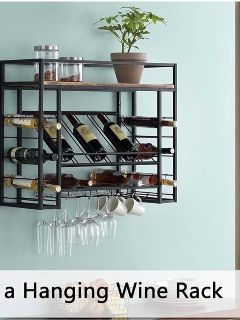 Wall-Mount Hanging Wine Rack with Glass Holder - Black